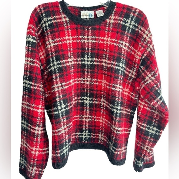 Vintage Sweaters - VTG Womens Sweater Y2K 90s X-Large Mohair Blend Knit Crewneck Red Black Plaid